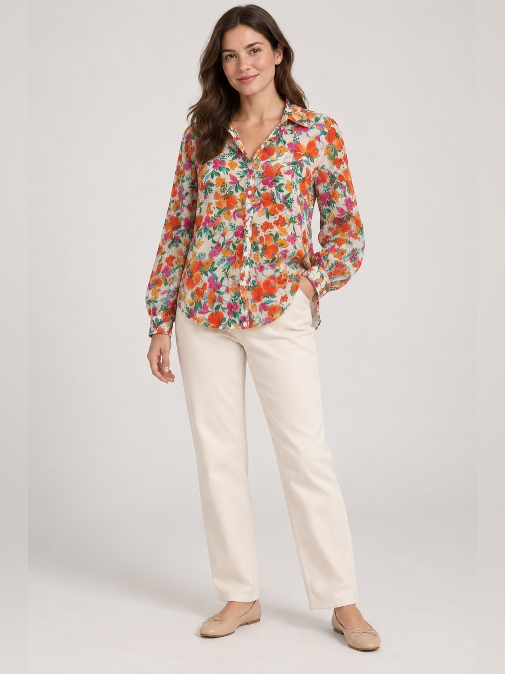 Hausen Multicolor Floral Button Front Blouse Long Sleeve Small